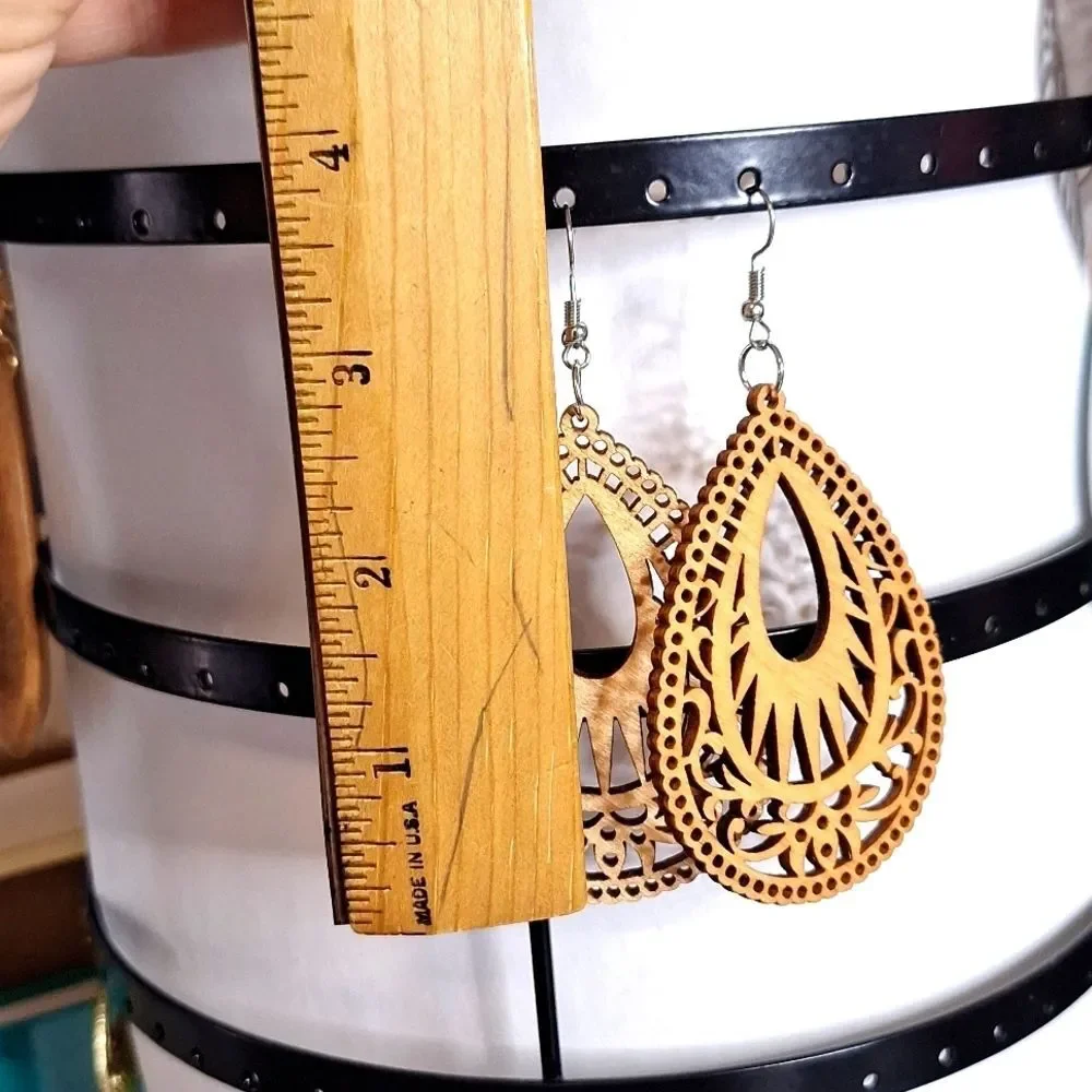 Tan Bohemian Geometric Wood Earrings for Women Natural - Picture 3 of 4